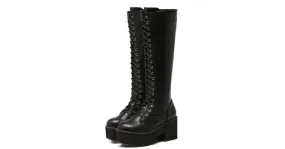 Chunky Lace Up Combat Rider Long Boots with Black Platforms