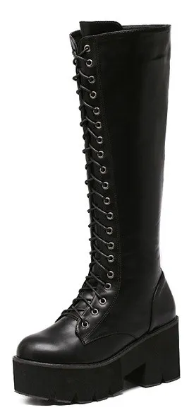 Chunky Lace Up Combat Rider Long Boots with Black Platforms