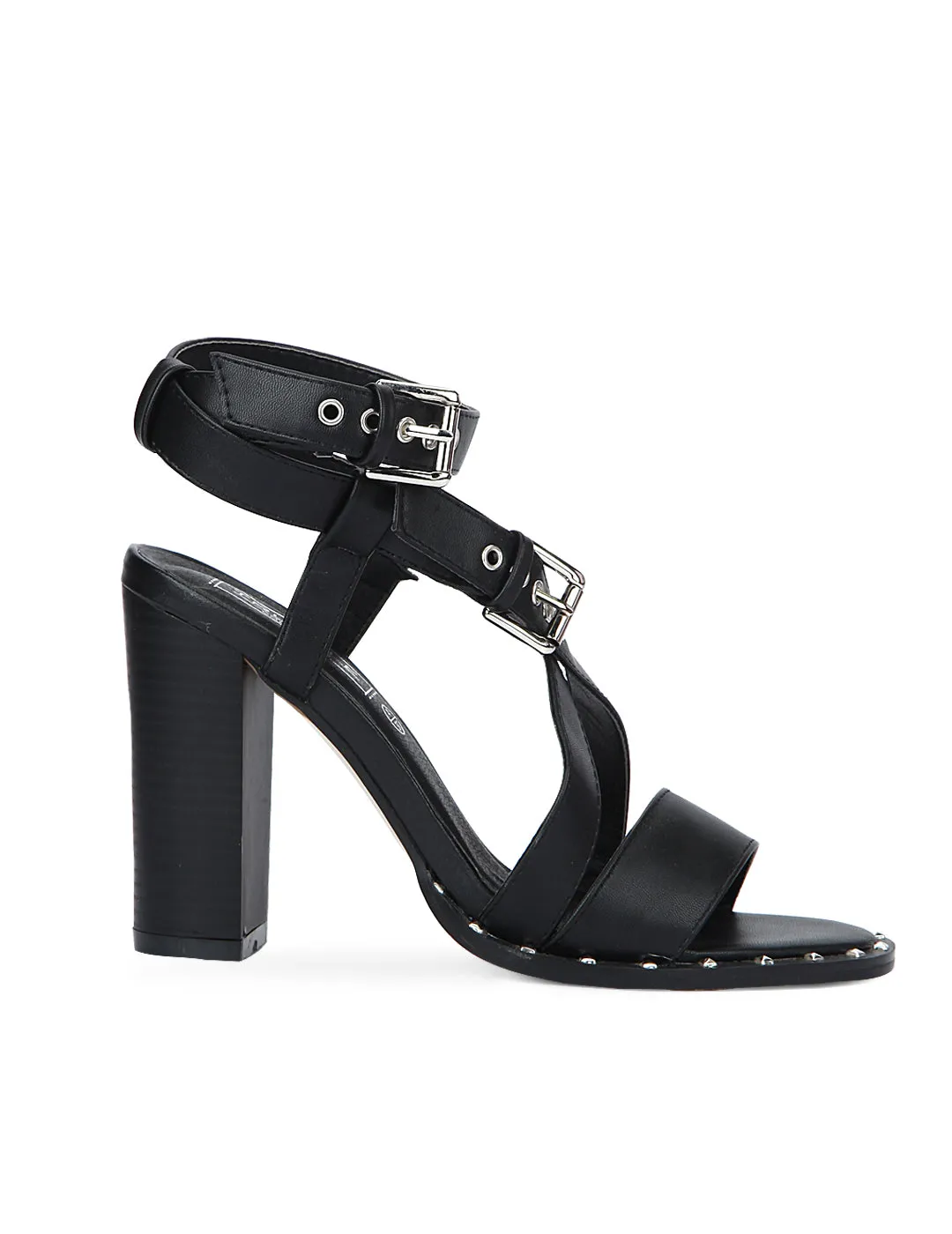 Black PU Strapped Rivet Ankle Strap Block Heels