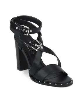 Black PU Strapped Rivet Ankle Strap Block Heels