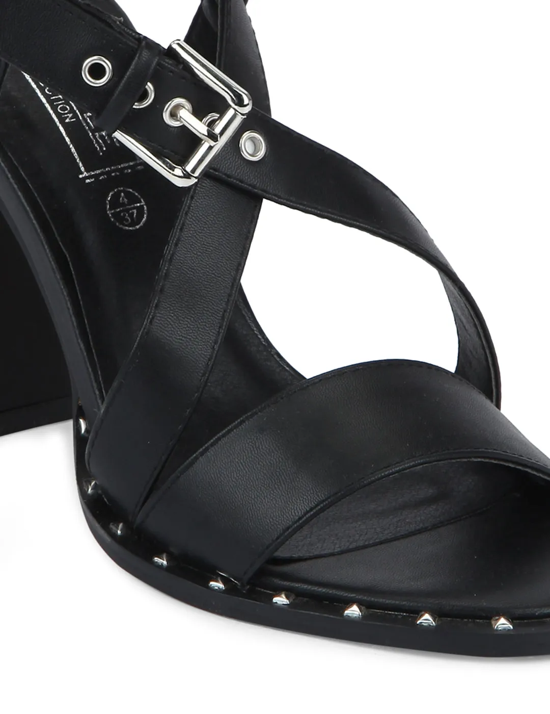 Black PU Strapped Rivet Ankle Strap Block Heels