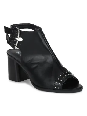 Black PU Studded Back Strap Peep Toe Block Heels