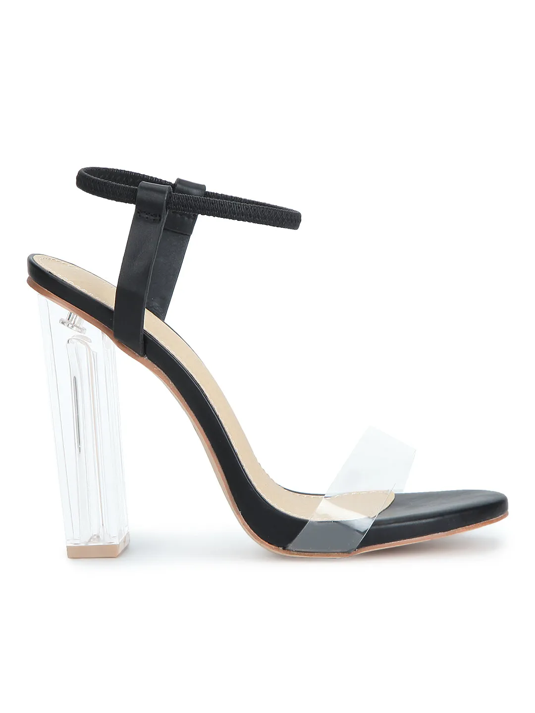 Black PU Thin Ankle Strap Perspex Block Heels