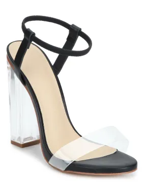 Black PU Thin Ankle Strap Perspex Block Heels