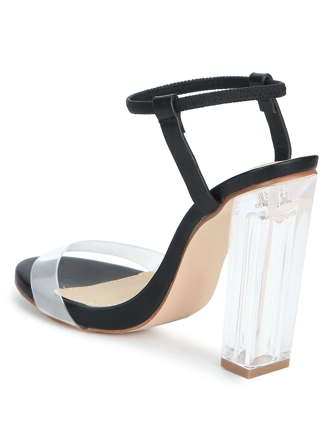 Black PU Thin Ankle Strap Perspex Block Heels