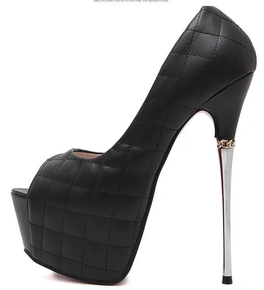 Black Quilted Peep Toe Platforms Metal Stiletto High Heels Shoes