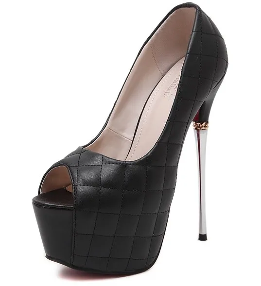 Black Quilted Peep Toe Platforms Metal Stiletto High Heels Shoes