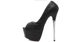 Black Quilted Peep Toe Platforms Metal Stiletto High Heels Shoes