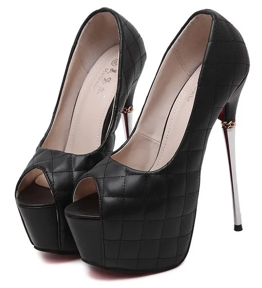 Black Quilted Peep Toe Platforms Metal Stiletto High Heels Shoes