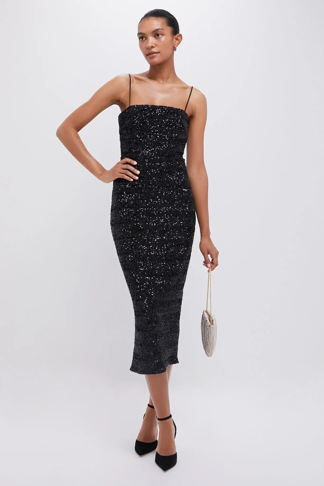 Black Sequin Carmen Column Maxi Dress