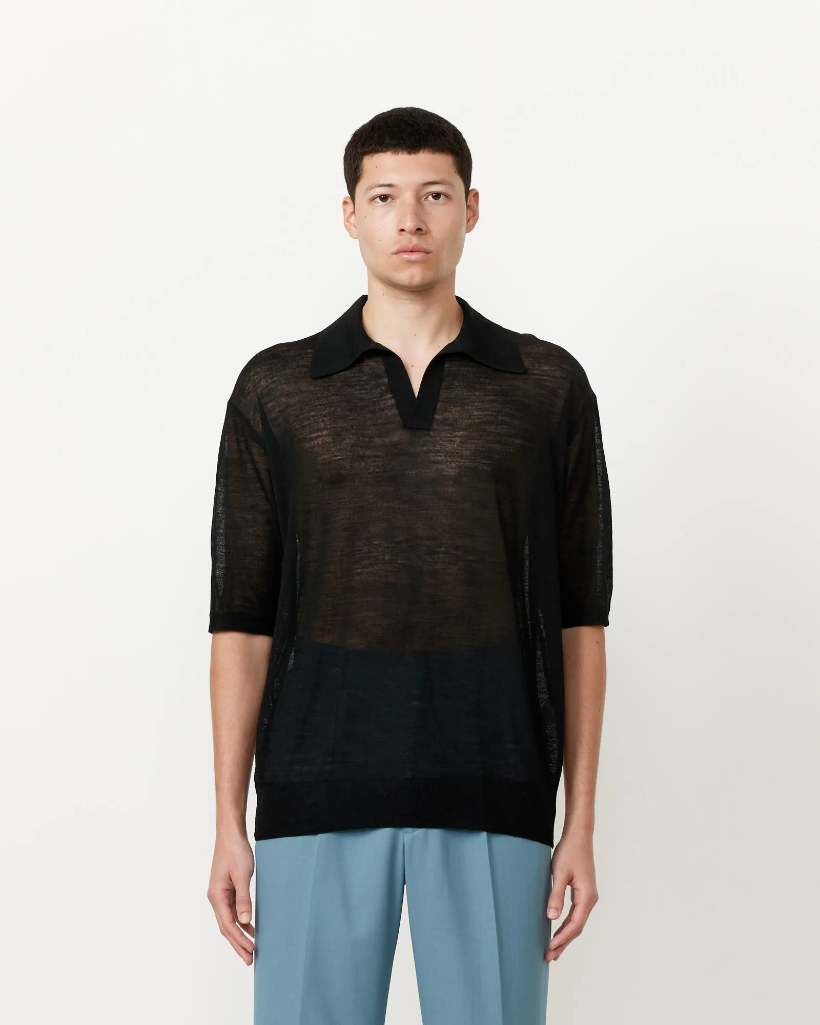 Black Silk Knit Skipper Polo