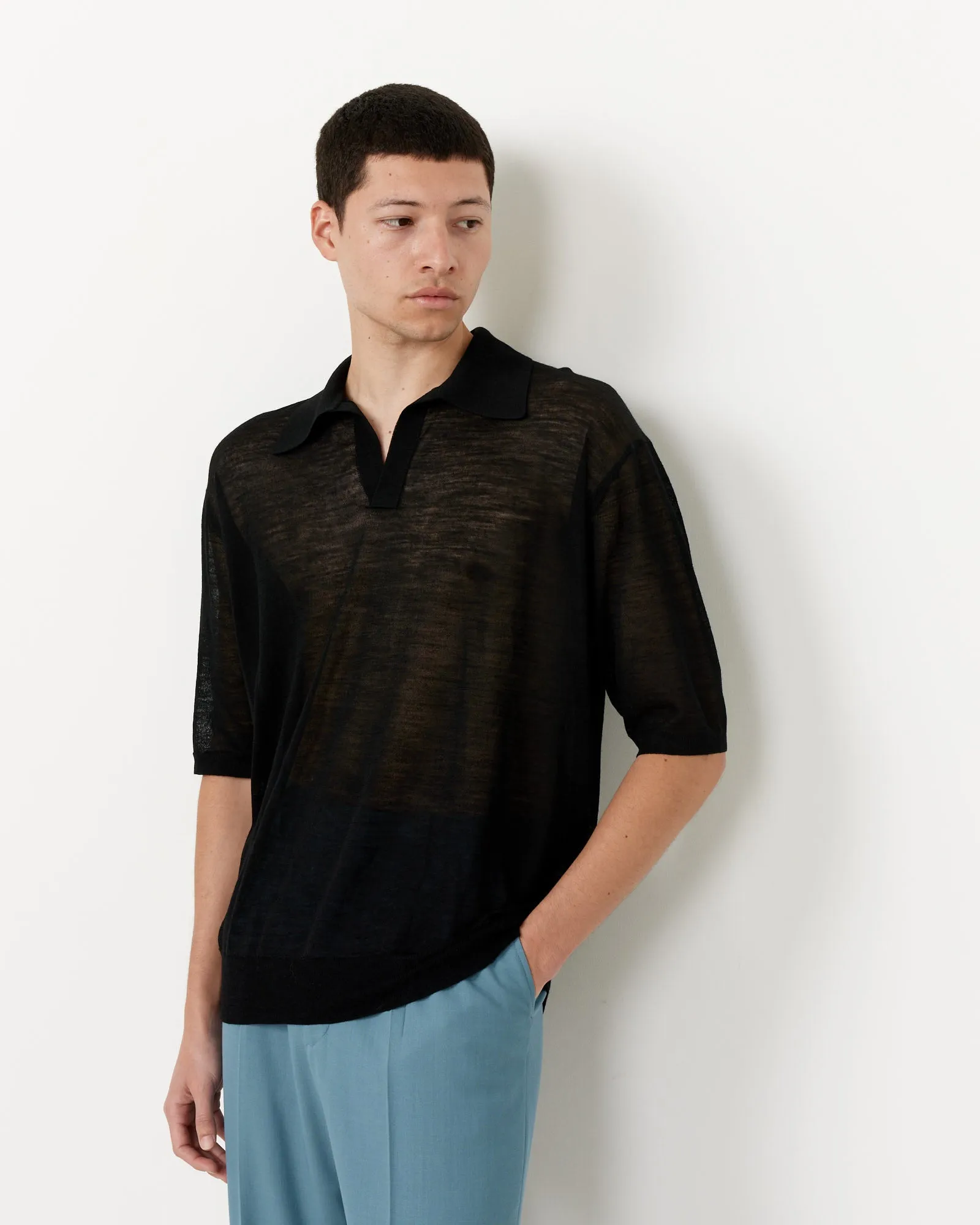 Black Silk Knit Skipper Polo