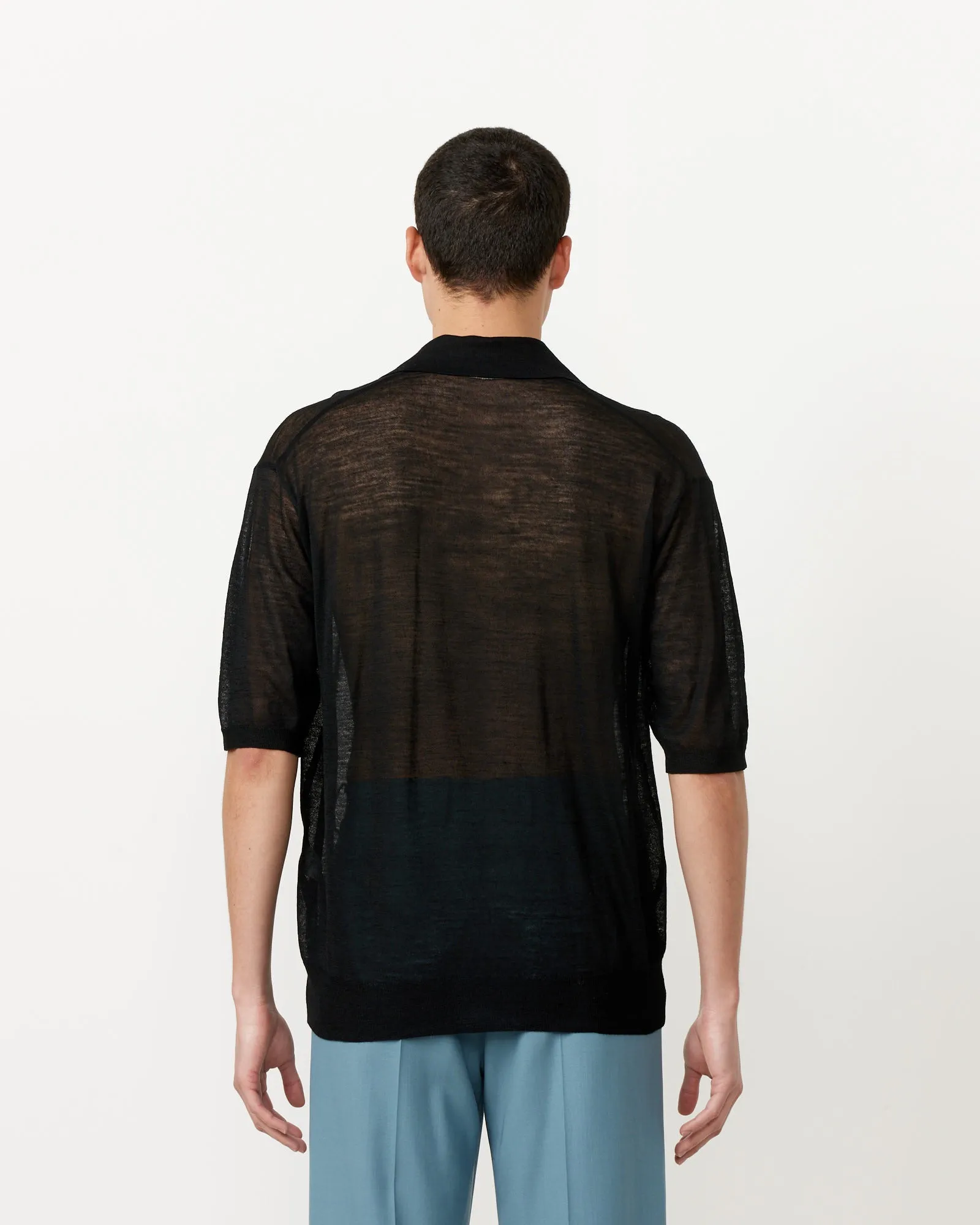 Black Silk Knit Skipper Polo