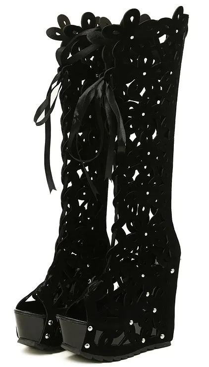 Elegant Black Suede Floral Lace-Up Wedge Knee Boots