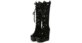 Elegant Black Suede Floral Lace-Up Wedge Knee Boots