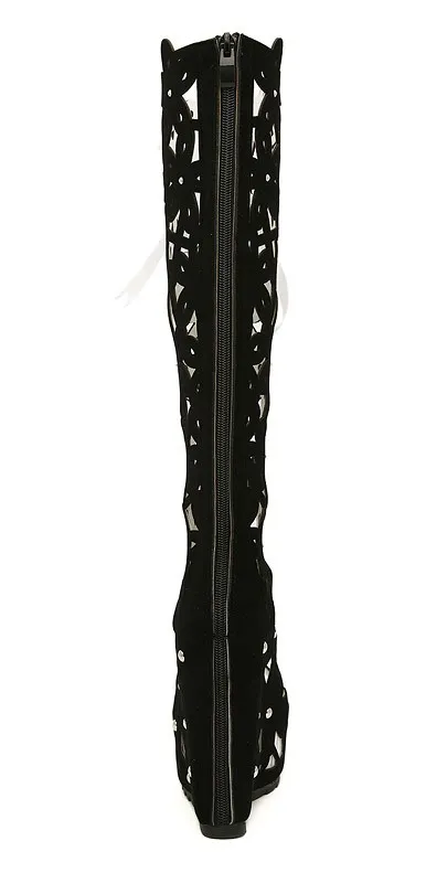 Elegant Black Suede Floral Lace-Up Wedge Knee Boots