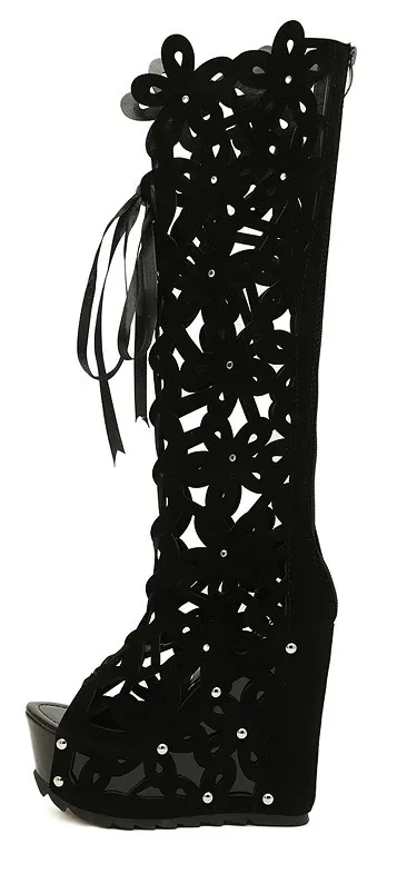 Elegant Black Suede Floral Lace-Up Wedge Knee Boots