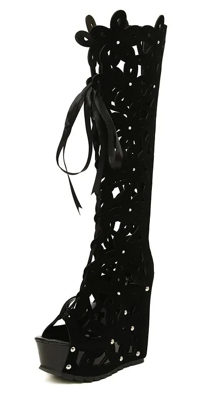 Elegant Black Suede Floral Lace-Up Wedge Knee Boots