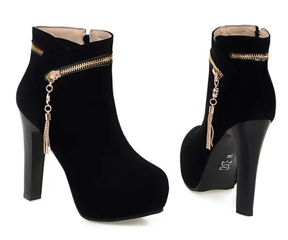 Black Suede Gold Zipper Ankle Platform Boots