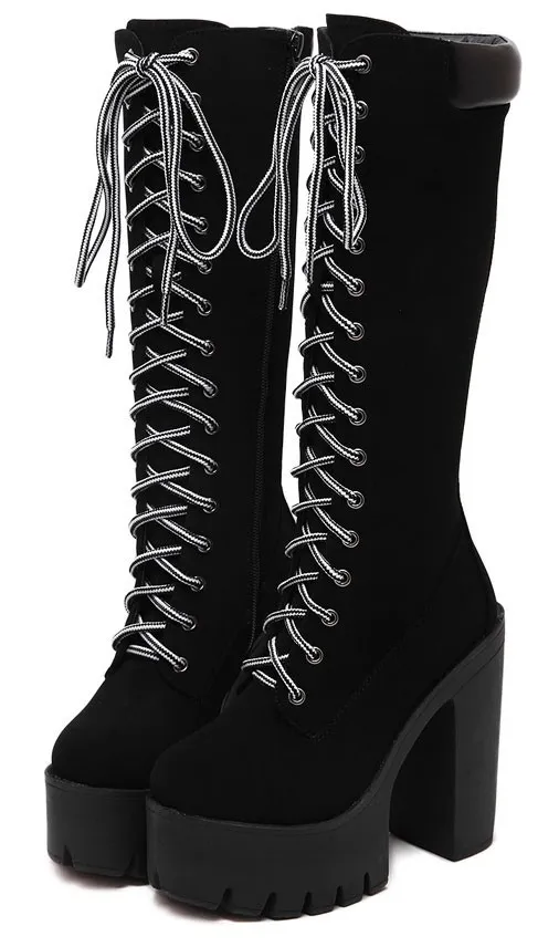 Suede Lace Up Combat Rider Platforms with Chunky Long High Heels