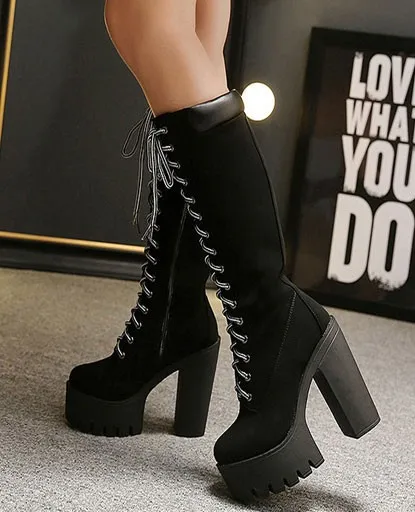 Suede Lace Up Combat Rider Platforms with Chunky Long High Heels