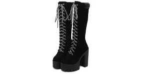 Suede Lace Up Combat Rider Platforms with Chunky Long High Heels