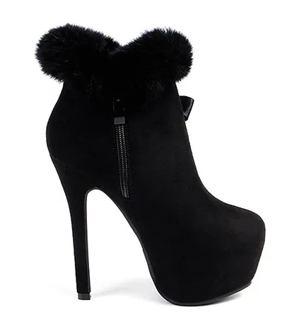 Suede Pearl Rabbit Fur Platforms Stiletto High Heels with Black