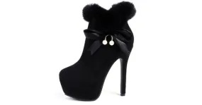 Suede Pearl Rabbit Fur Platforms Stiletto High Heels with Black