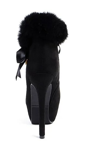 Suede Pearl Rabbit Fur Platforms Stiletto High Heels with Black