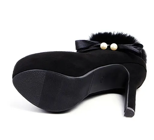 Suede Pearl Rabbit Fur Platforms Stiletto High Heels with Black