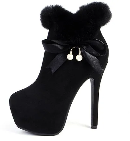 Suede Pearl Rabbit Fur Platforms Stiletto High Heels with Black