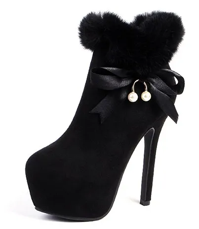 Suede Pearl Rabbit Fur Platforms Stiletto High Heels with Black