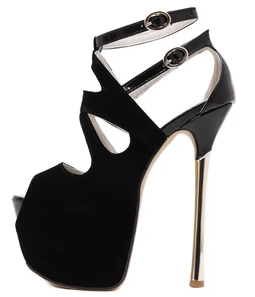 Black Suede Peeptoe Ankle Straps Platforms Gold Stiletto High Heels Sandals Shoes