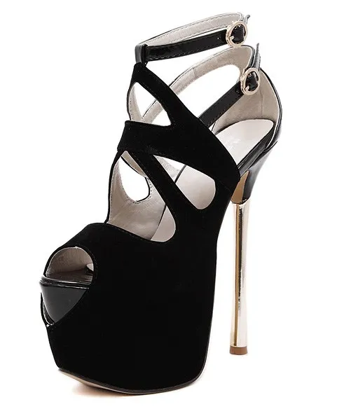 Black Suede Peeptoe Ankle Straps Platforms Gold Stiletto High Heels Sandals Shoes