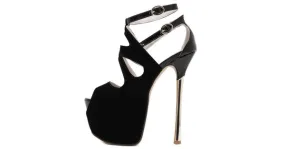 Black Suede Peeptoe Ankle Straps Platforms Gold Stiletto High Heels Sandals Shoes