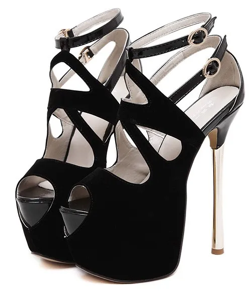 Black Suede Peeptoe Ankle Straps Platforms Gold Stiletto High Heels Sandals Shoes