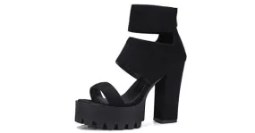 Black Chunky Sole Sandal Heels