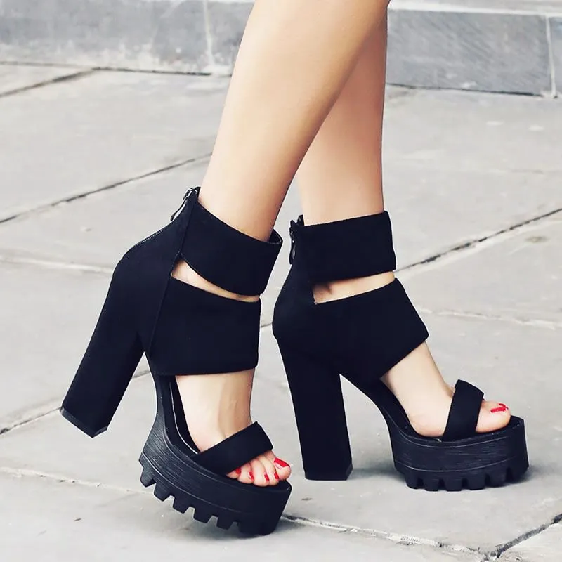 Black Chunky Sole Sandal Heels