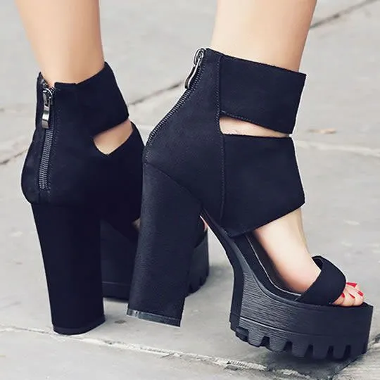 Black Chunky Sole Sandal Heels