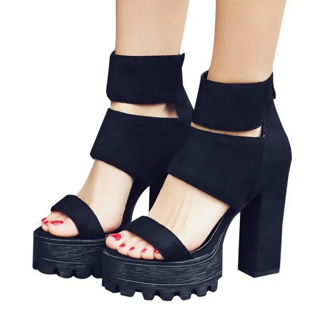 Black Chunky Sole Sandal Heels