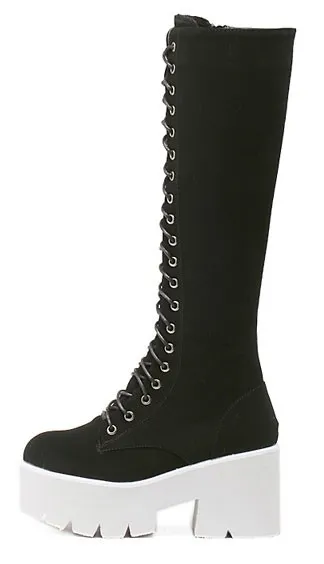 Black Suede Lace Up Combat Rider Long Boots Platforms with White Chunky Shoes