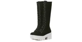 Black Suede Lace Up Combat Rider Long Boots Platforms with White Chunky Shoes