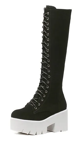 Black Suede Lace Up Combat Rider Long Boots Platforms with White Chunky Shoes