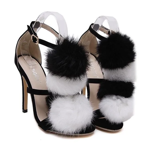 Black White Fur Pom Suede High Stiletto Heels Pumps Sandals