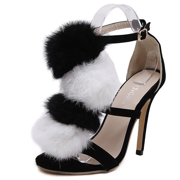 Black White Fur Pom Suede High Stiletto Heels Pumps Sandals