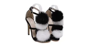 Black White Fur Pom Suede High Stiletto Heels Pumps Sandals