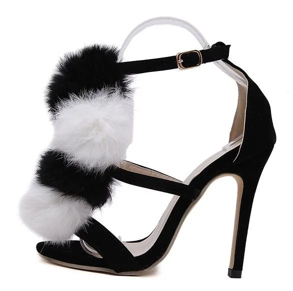 Black White Fur Pom Suede High Stiletto Heels Pumps Sandals