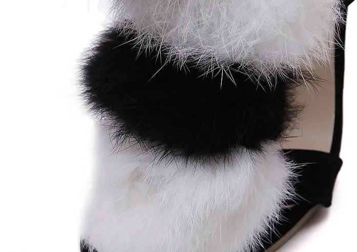 Black White Fur Pom Suede High Stiletto Heels Pumps Sandals