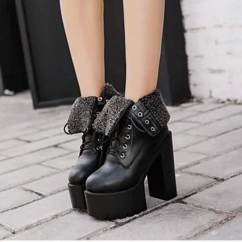 Woolen Flap Chunky Sole Block High Heels Platforms with Black