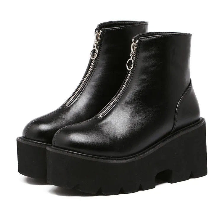 Black Zipper Punk Rock Chunky Block Dress Boots